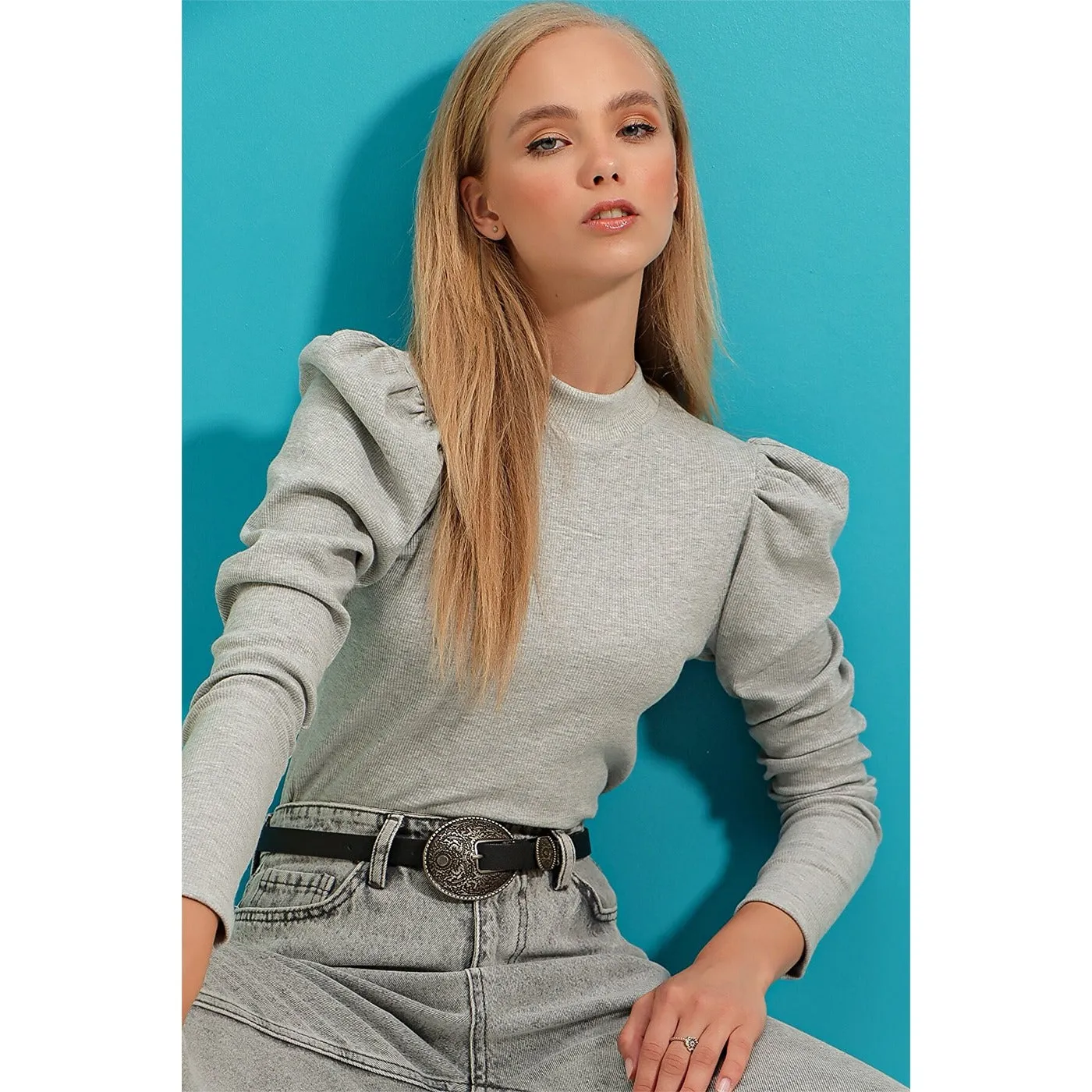 Grey Puff Shoulder Turtleneck Top