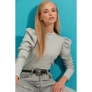 Grey Puff Shoulder Turtleneck Top