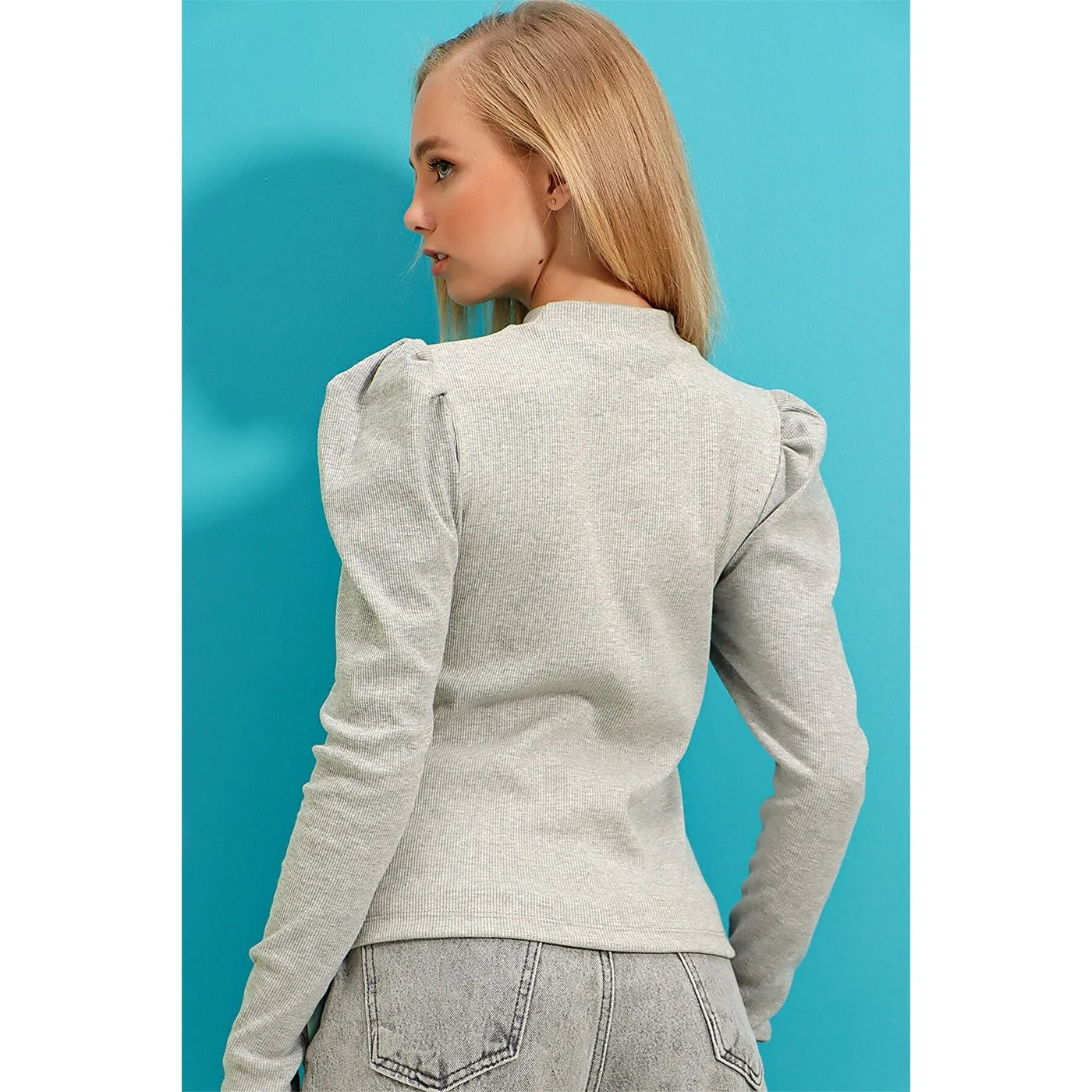 Grey Puff Shoulder Turtleneck Top