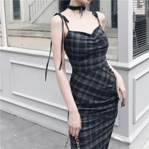 'Groovy' Black Grunge Long Split Plaid Dress