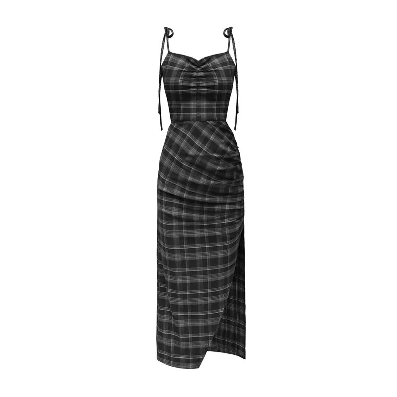 'Groovy' Black Grunge Long Split Plaid Dress
