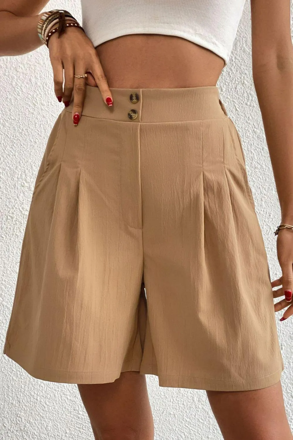 Hazel Blues® | Buttoned Elastic Waist Pleated Detail Shorts