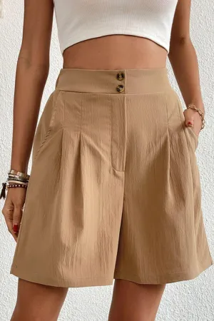Hazel Blues® | Buttoned Elastic Waist Pleated Detail Shorts