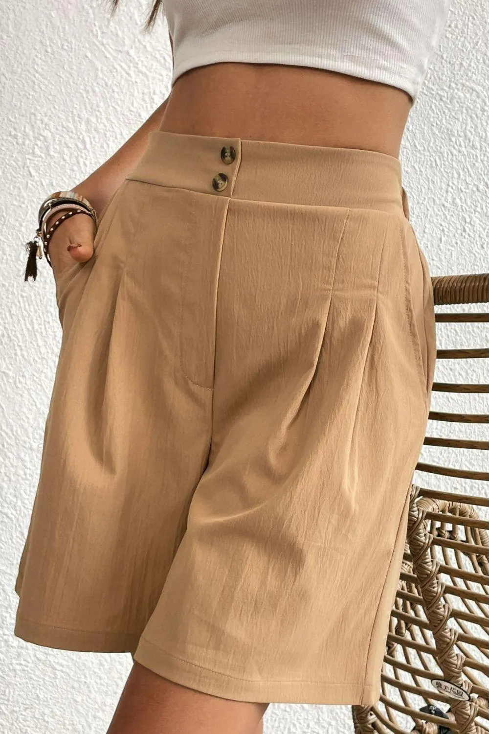 Hazel Blues® | Buttoned Elastic Waist Pleated Detail Shorts