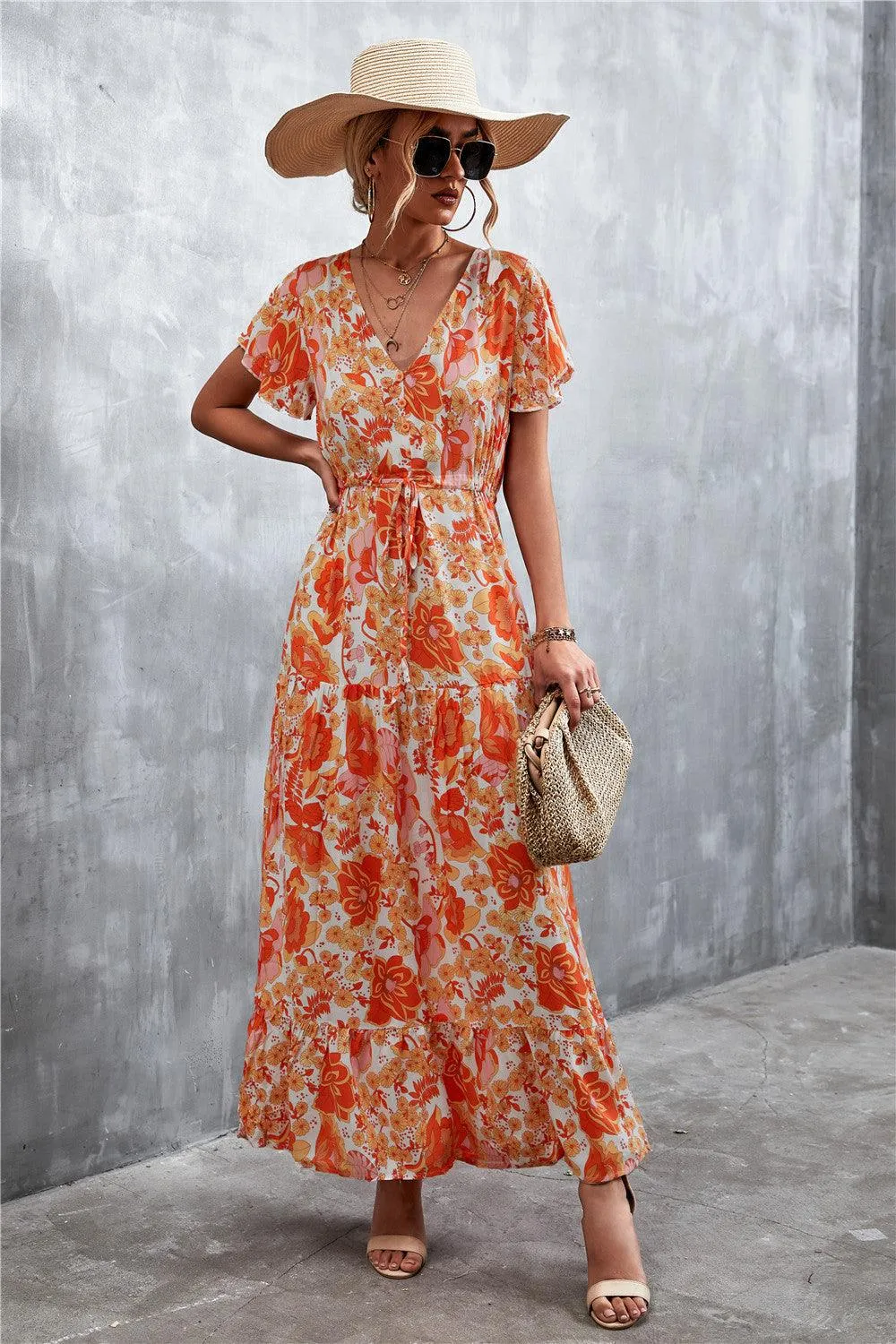 Hazel Blues® | Floral Buttoned Drawstring Waist Tiered Dress