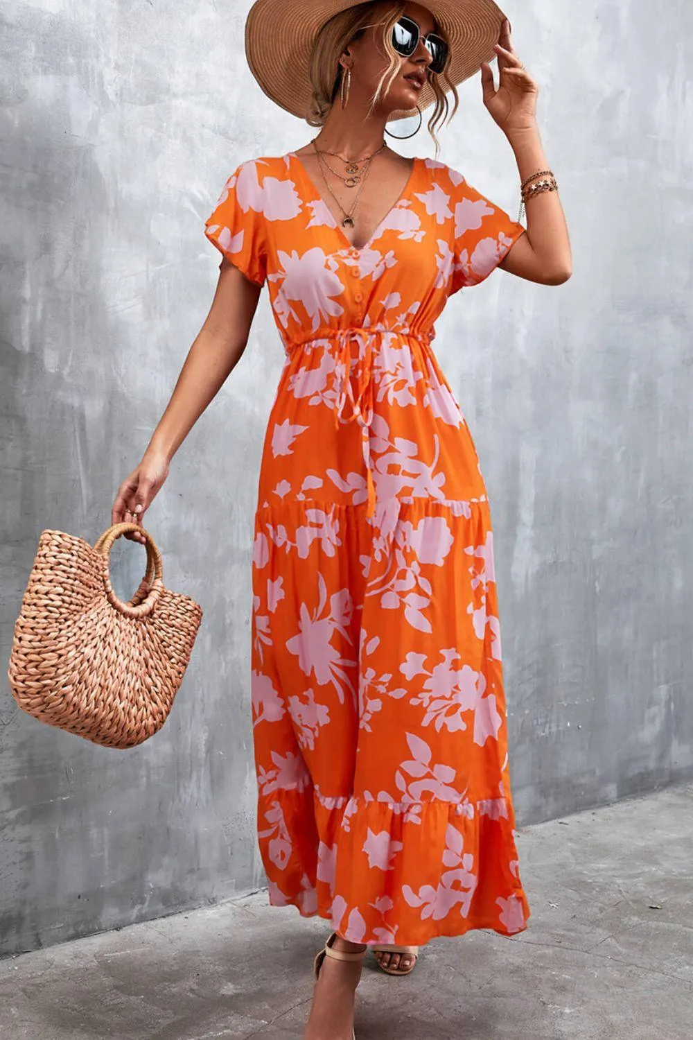 Hazel Blues® | Floral Buttoned Drawstring Waist Tiered Dress