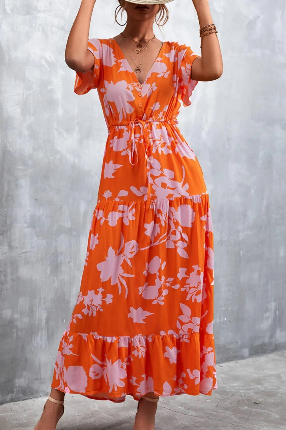 Hazel Blues® | Floral Buttoned Drawstring Waist Tiered Dress