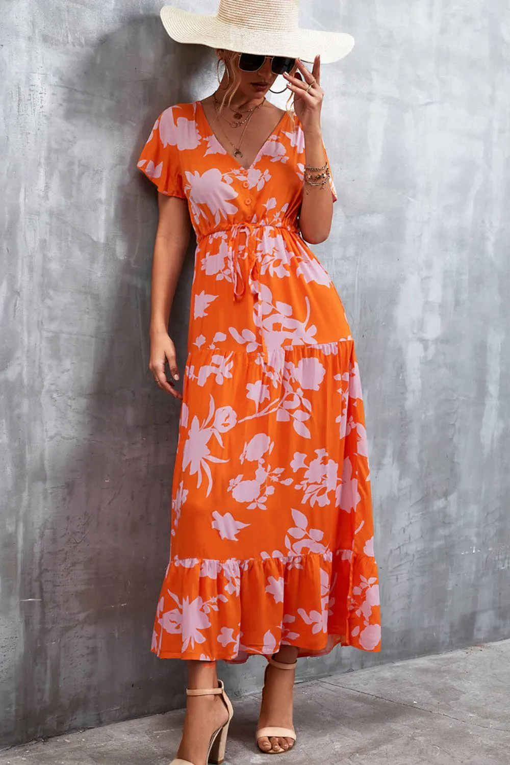 Hazel Blues® | Floral Buttoned Drawstring Waist Tiered Dress