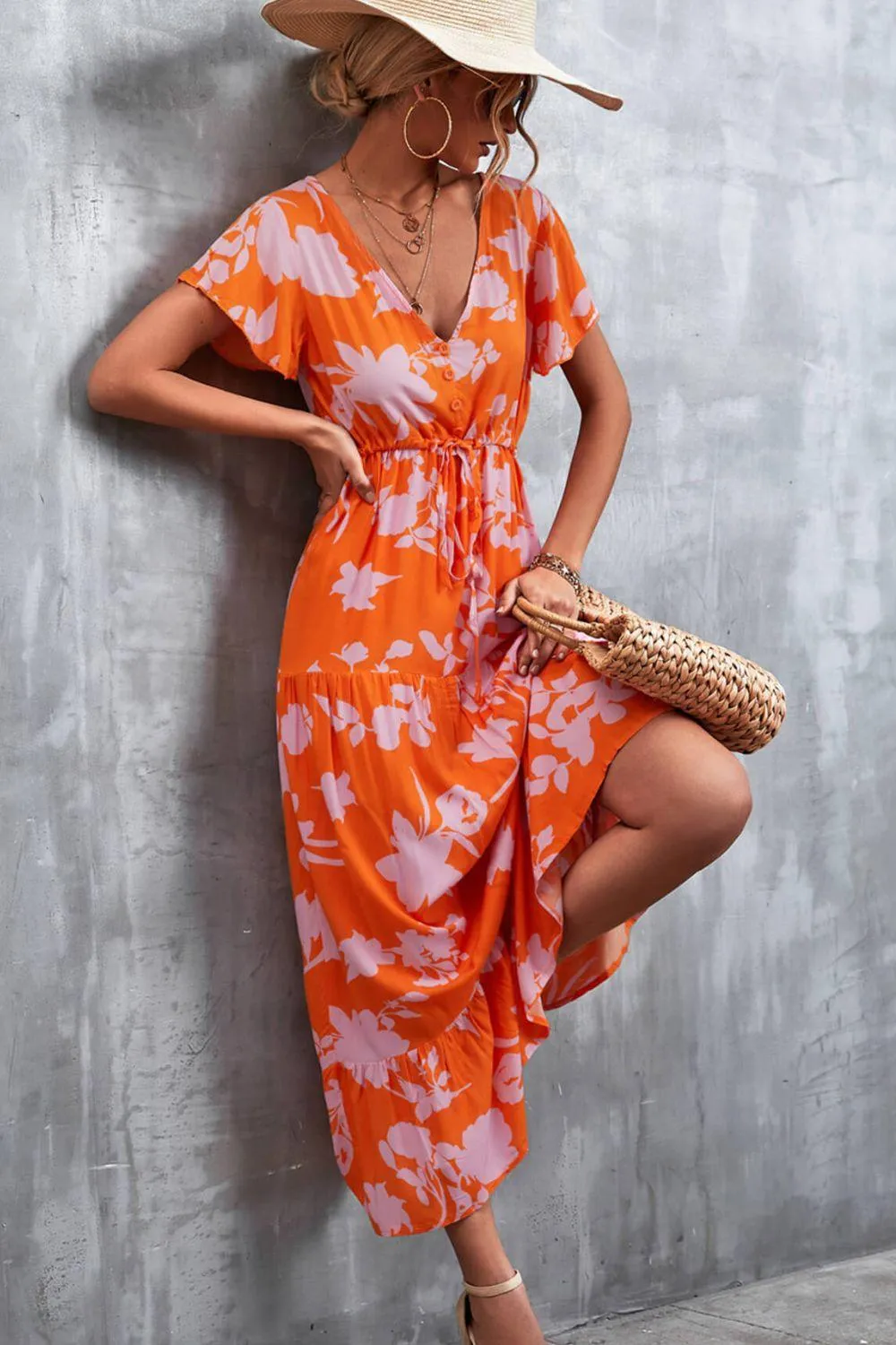 Hazel Blues® | Floral Buttoned Drawstring Waist Tiered Dress