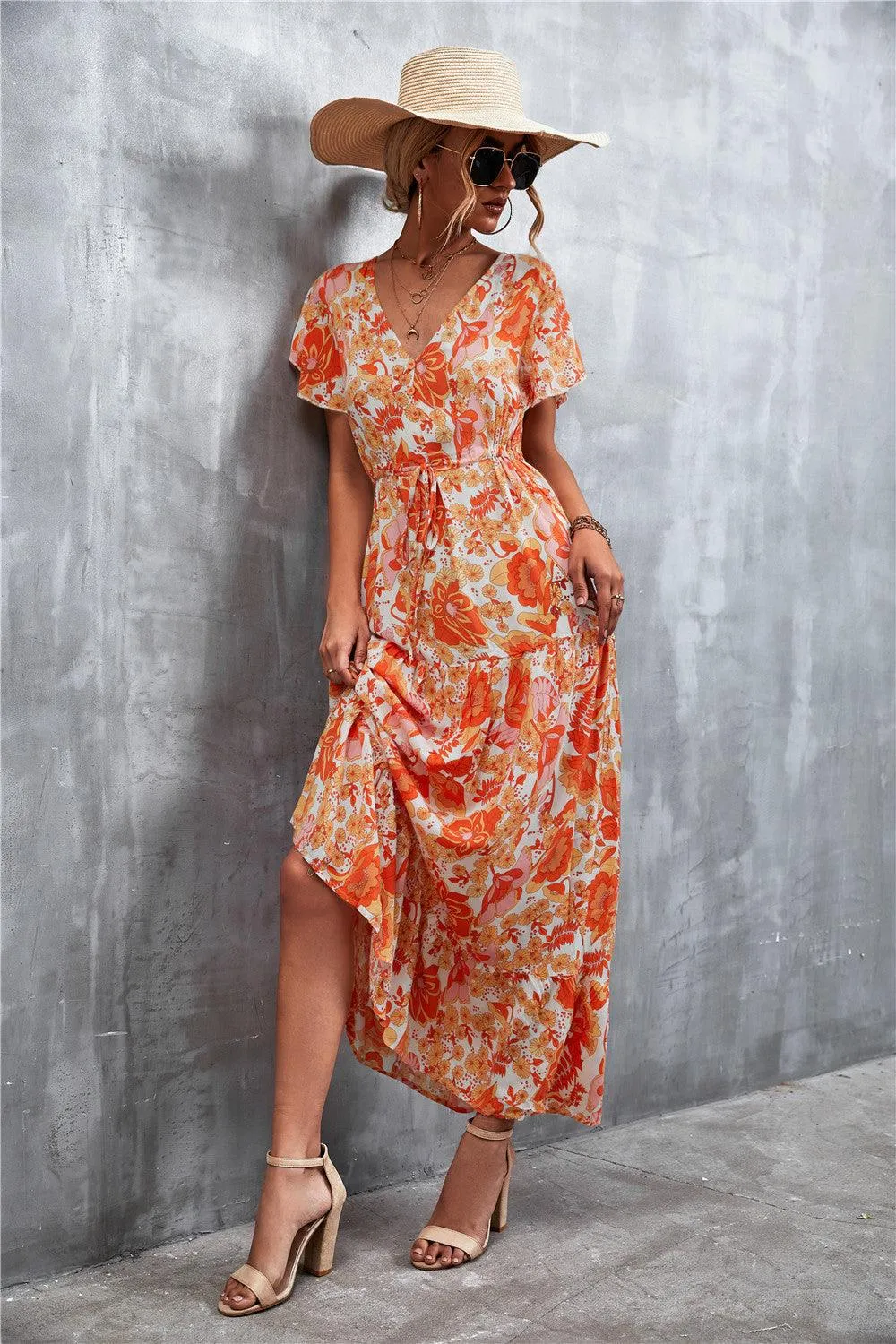 Hazel Blues® | Floral Buttoned Drawstring Waist Tiered Dress