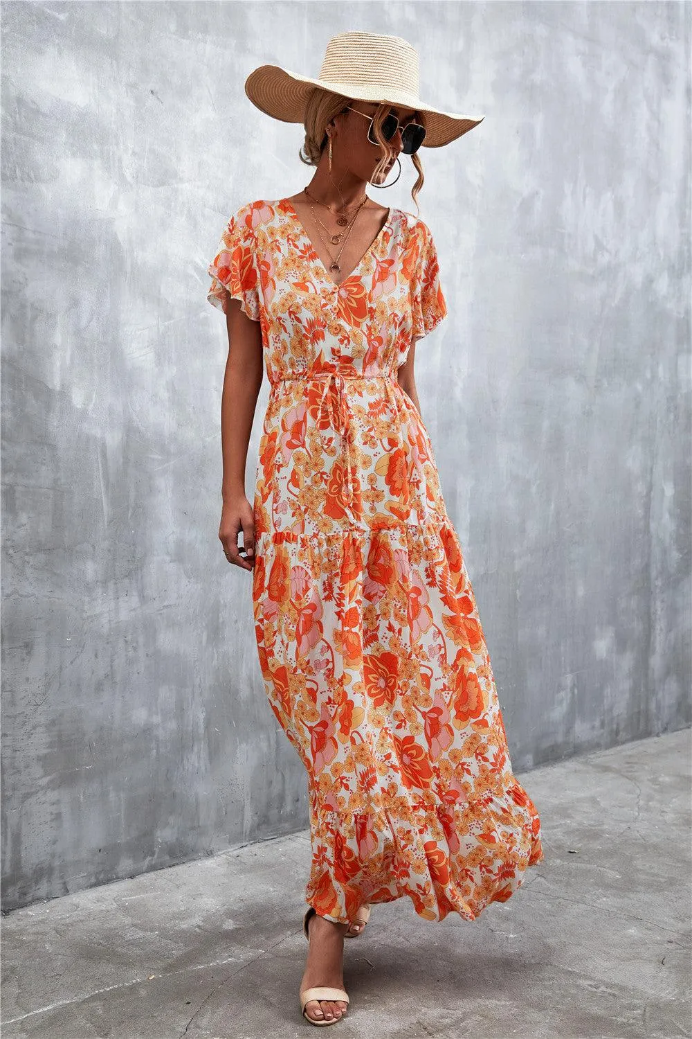 Hazel Blues® | Floral Buttoned Drawstring Waist Tiered Dress