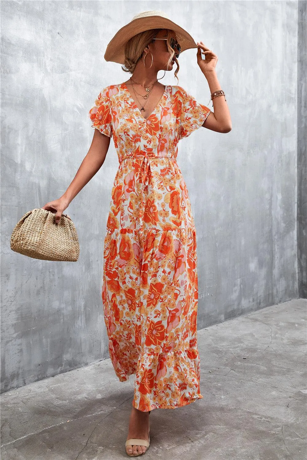 Hazel Blues® | Floral Buttoned Drawstring Waist Tiered Dress