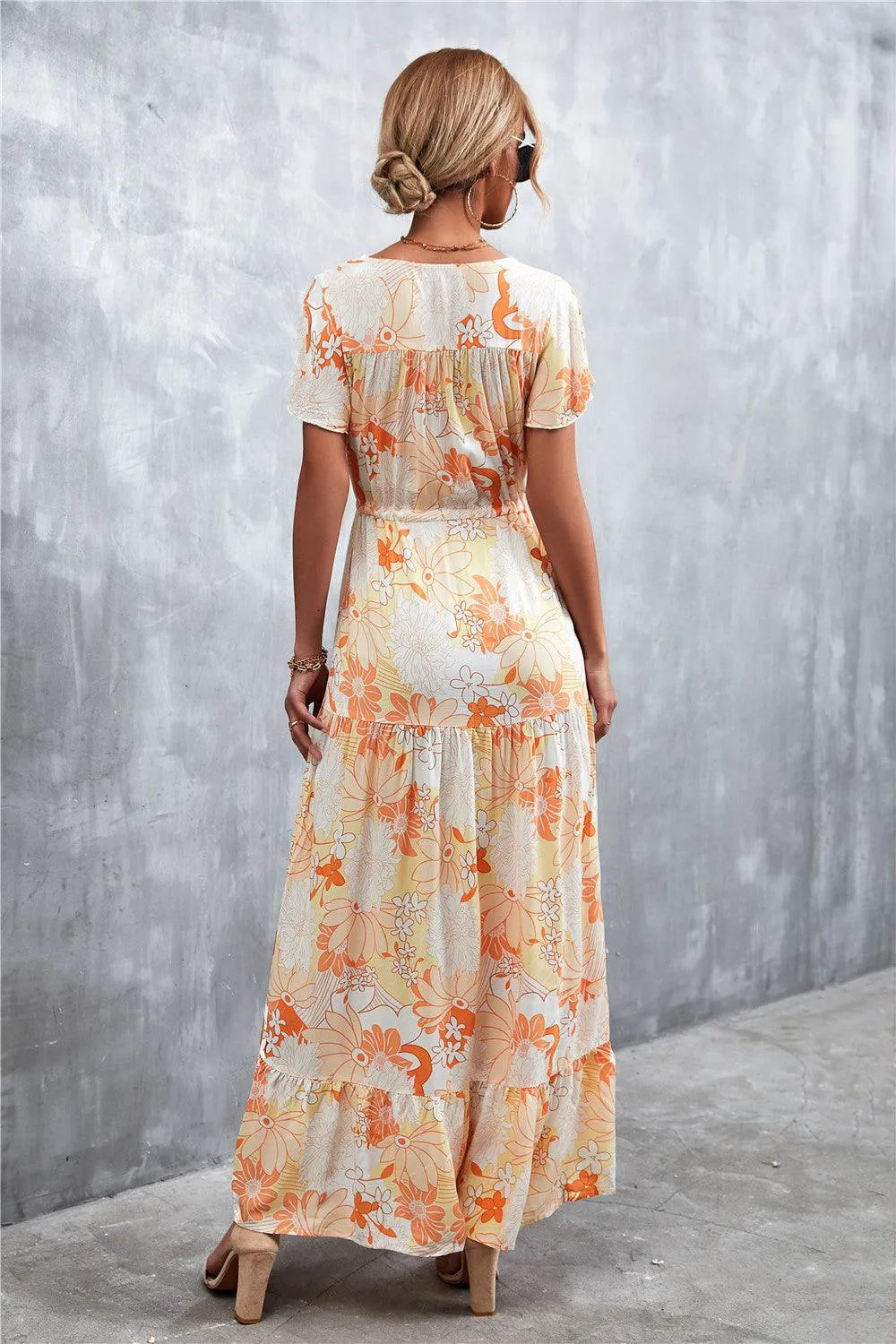Hazel Blues® | Floral Buttoned Drawstring Waist Tiered Dress