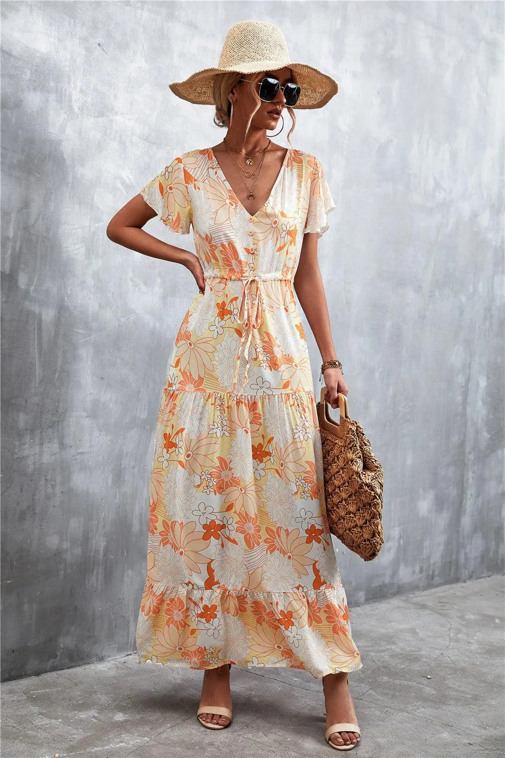 Hazel Blues® | Floral Buttoned Drawstring Waist Tiered Dress