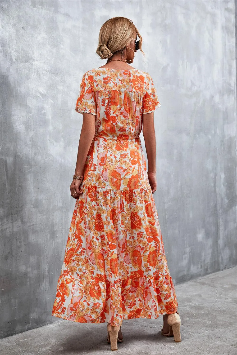 Hazel Blues® | Floral Buttoned Drawstring Waist Tiered Dress