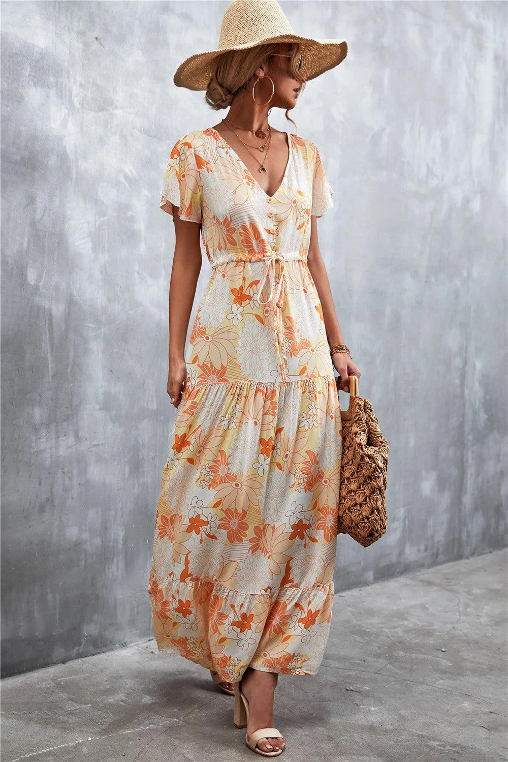Hazel Blues® | Floral Buttoned Drawstring Waist Tiered Dress