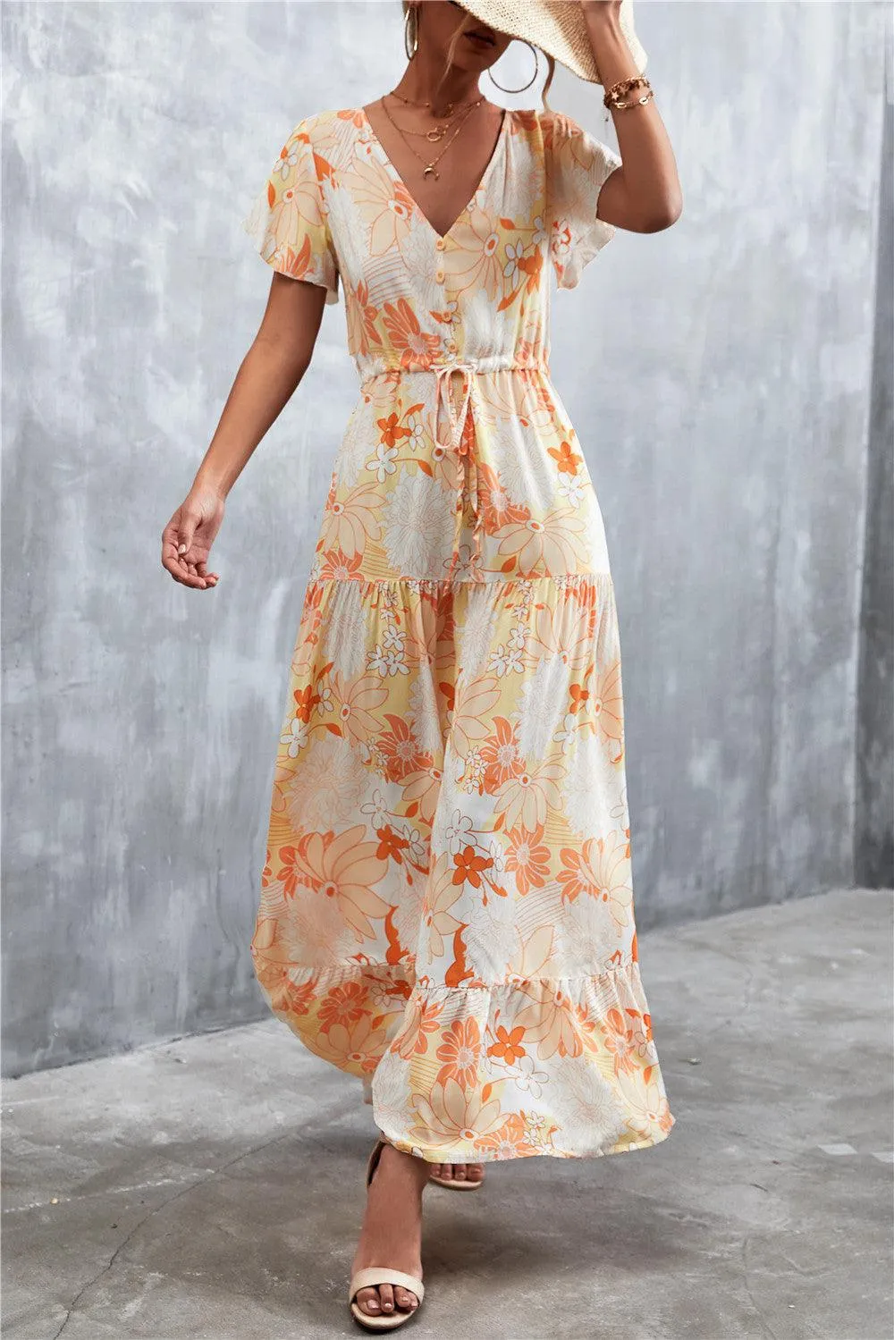 Hazel Blues® | Floral Buttoned Drawstring Waist Tiered Dress