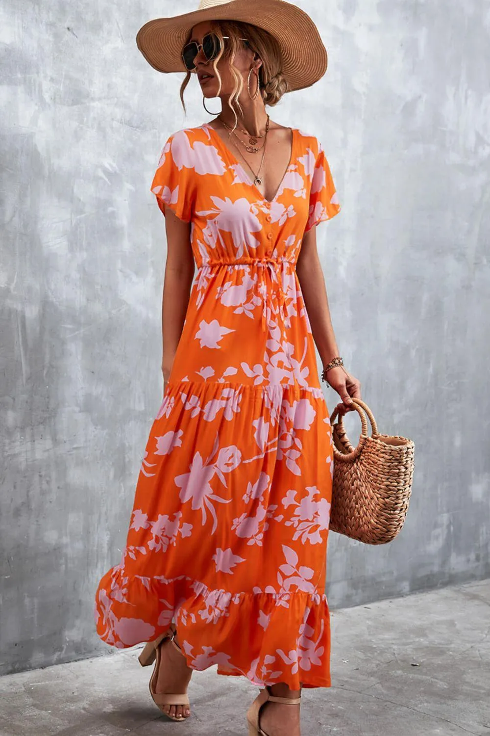 Hazel Blues® | Floral Buttoned Drawstring Waist Tiered Dress
