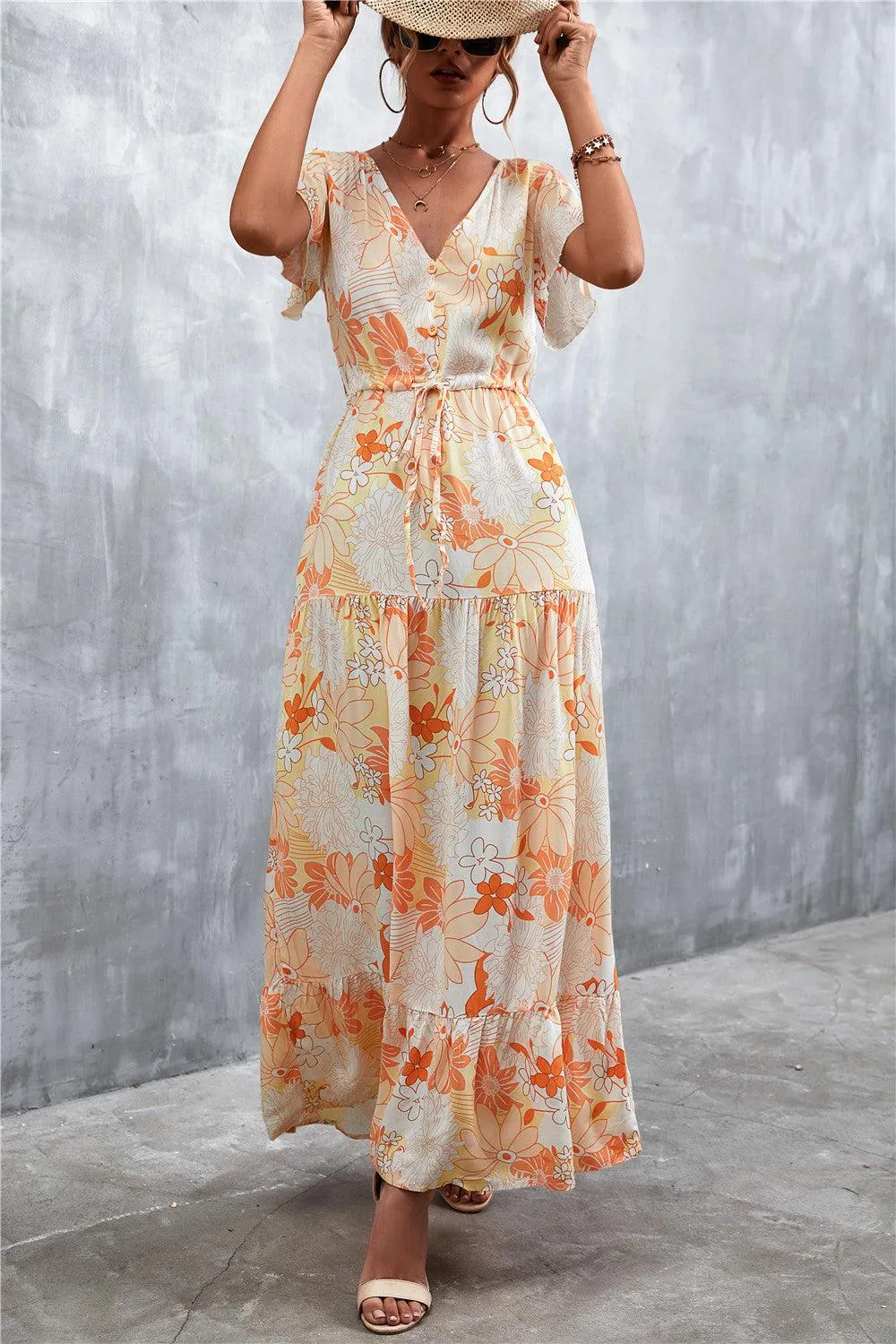 Hazel Blues® | Floral Buttoned Drawstring Waist Tiered Dress