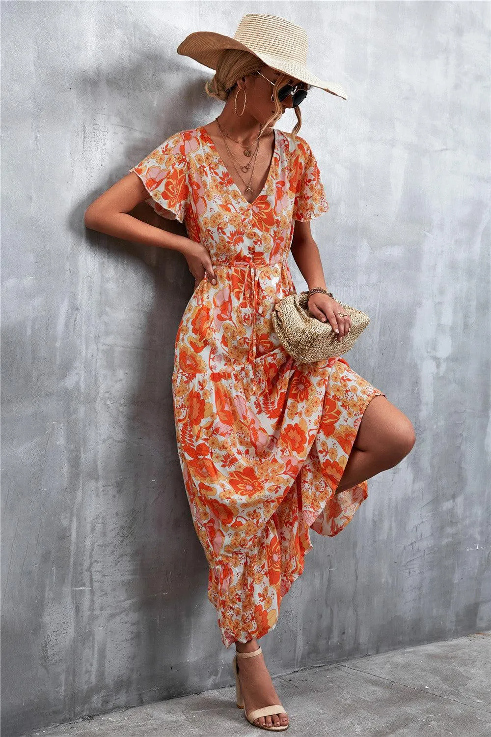 Hazel Blues® | Floral Buttoned Drawstring Waist Tiered Dress