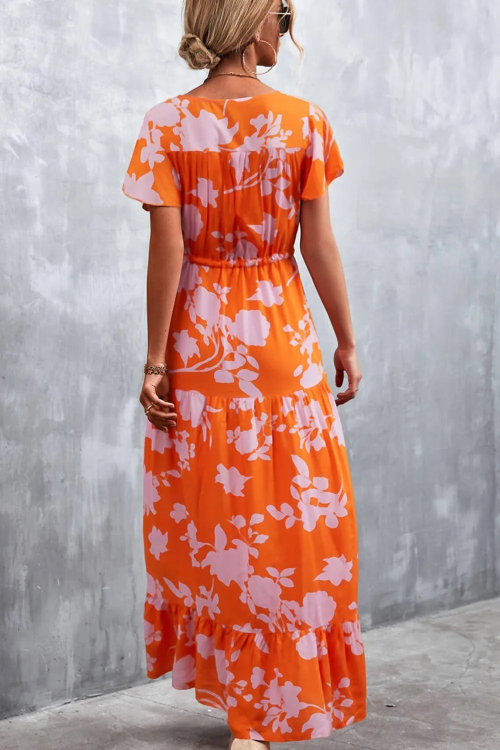 Hazel Blues® | Floral Buttoned Drawstring Waist Tiered Dress