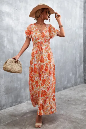 Hazel Blues® | Floral Buttoned Drawstring Waist Tiered Dress