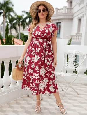 Hazel Blues® |  Floral Tie Waist Surplice Neck Midi Dress