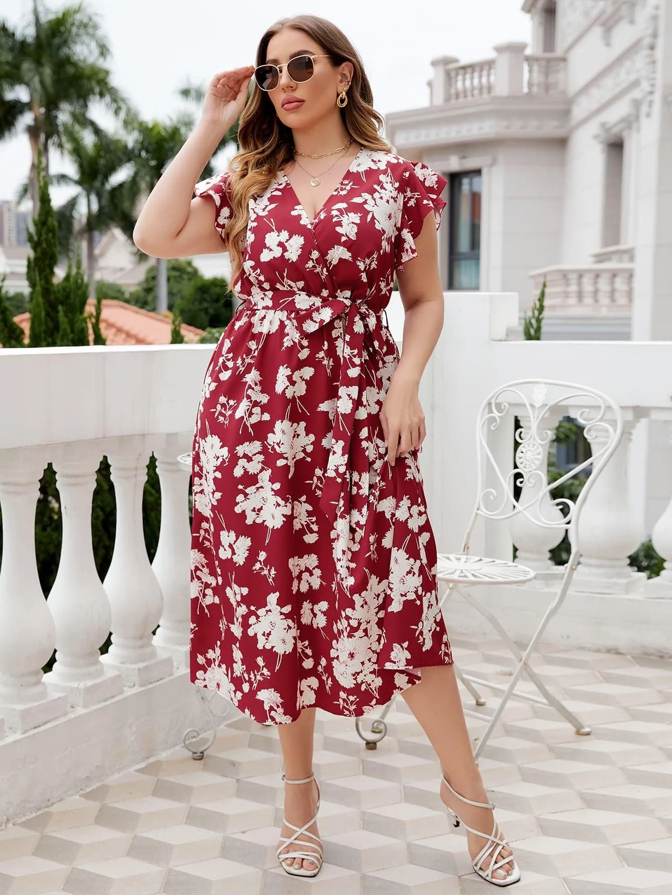 Hazel Blues® |  Floral Tie Waist Surplice Neck Midi Dress