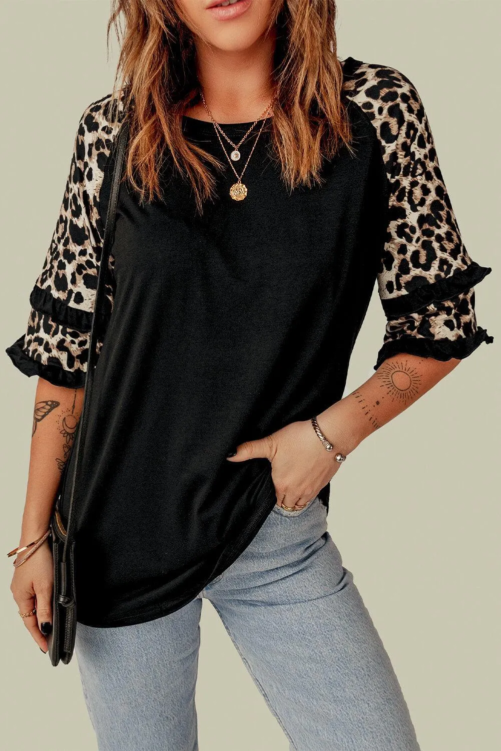 Hazel Blues® | Leopard Contrast Ruffled Top