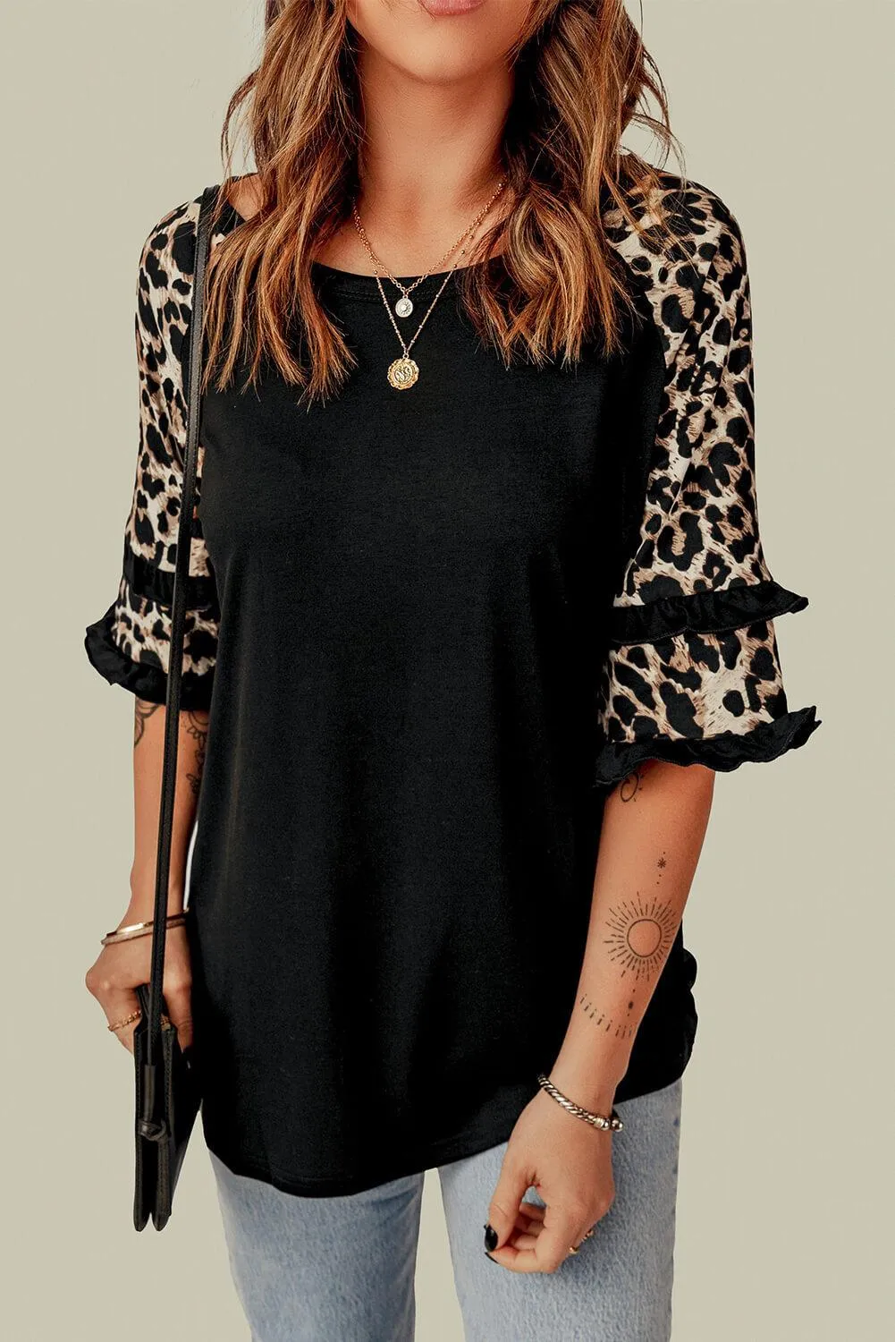 Hazel Blues® | Leopard Contrast Ruffled Top