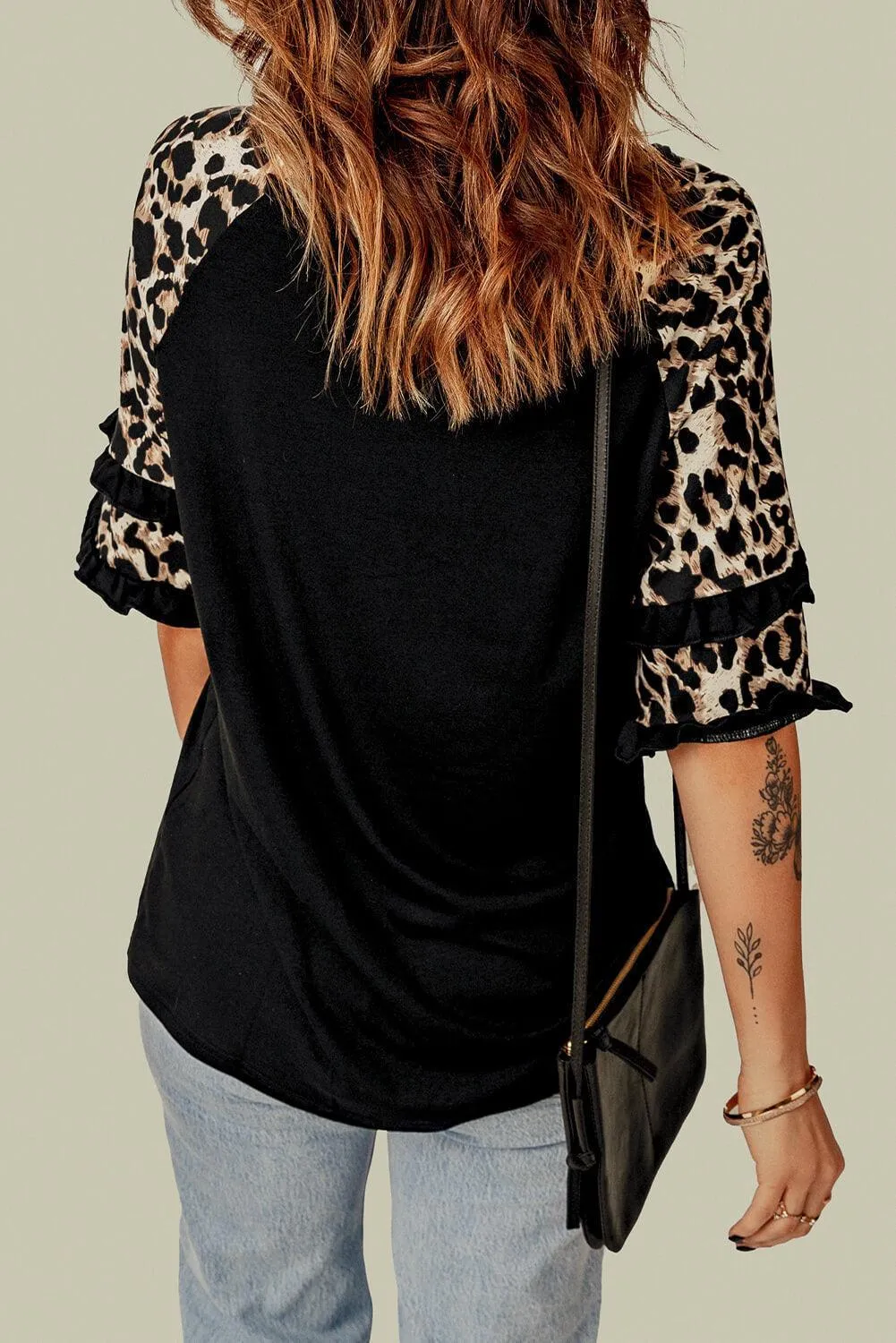 Hazel Blues® | Leopard Contrast Ruffled Top