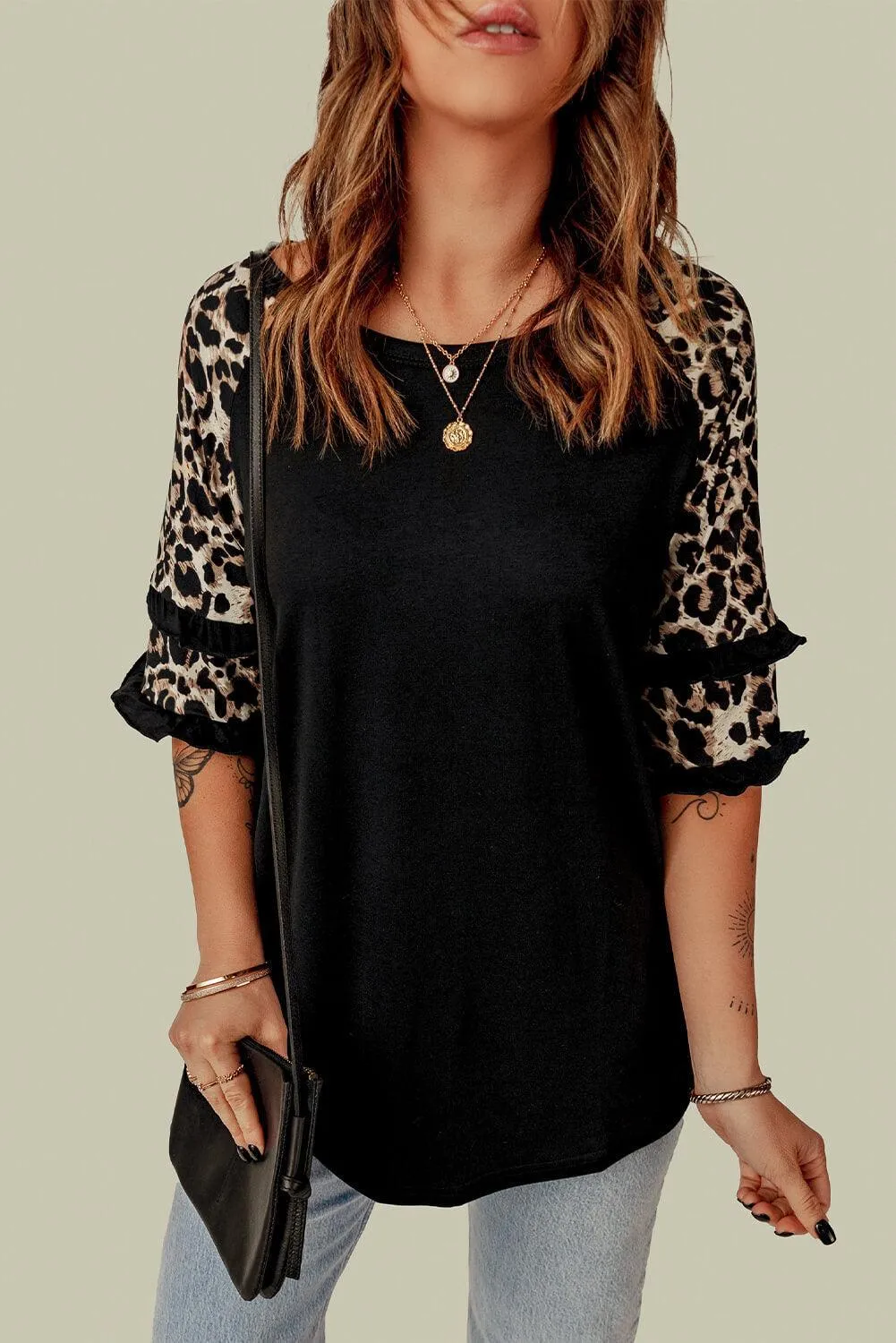 Hazel Blues® | Leopard Contrast Ruffled Top