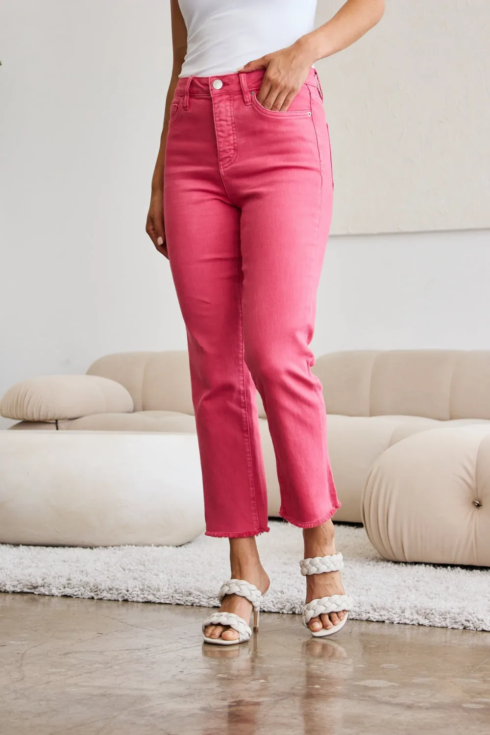 Hazel Blues® |  RFM Crop Dylan Tummy Control High Waist Raw Hem Jeans