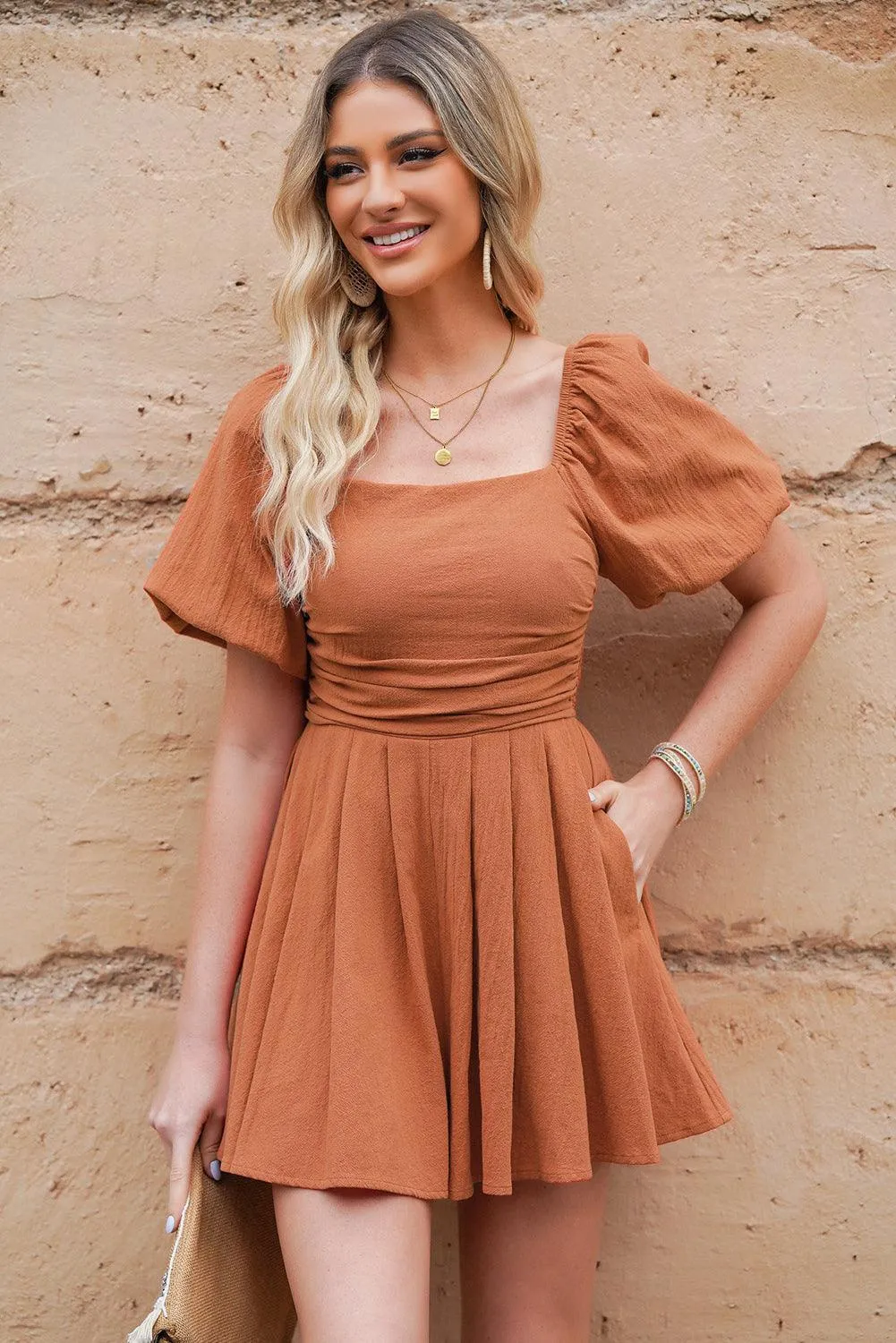 Hazel Blues® | Square Neck Pleated Dress with Pockets