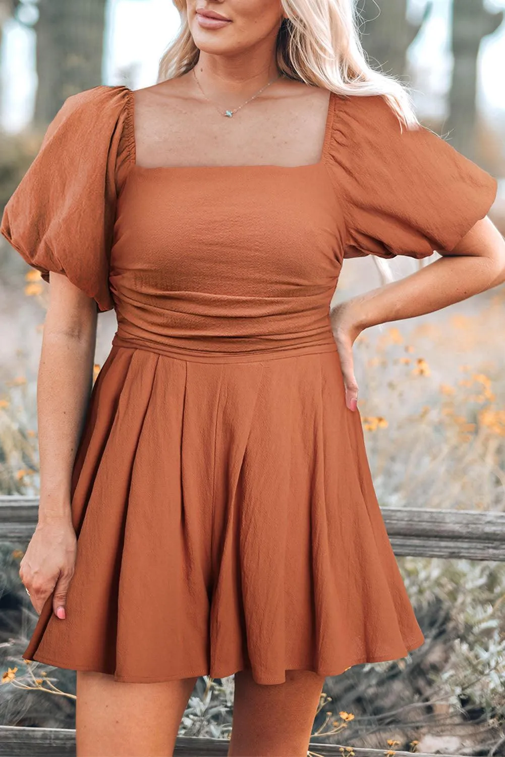 Hazel Blues® | Square Neck Pleated Dress with Pockets