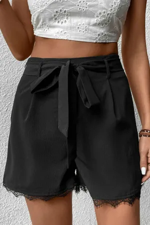 Hazel Blues® | Tie Belt Lace Trim Shorts