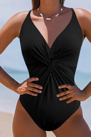 Hazel Blues® |  Twisted Crisscross V-Neck One-Piece Swimwear