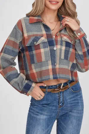 HCS1177 Cropped Plaid Button-Up Jacket Outerwear