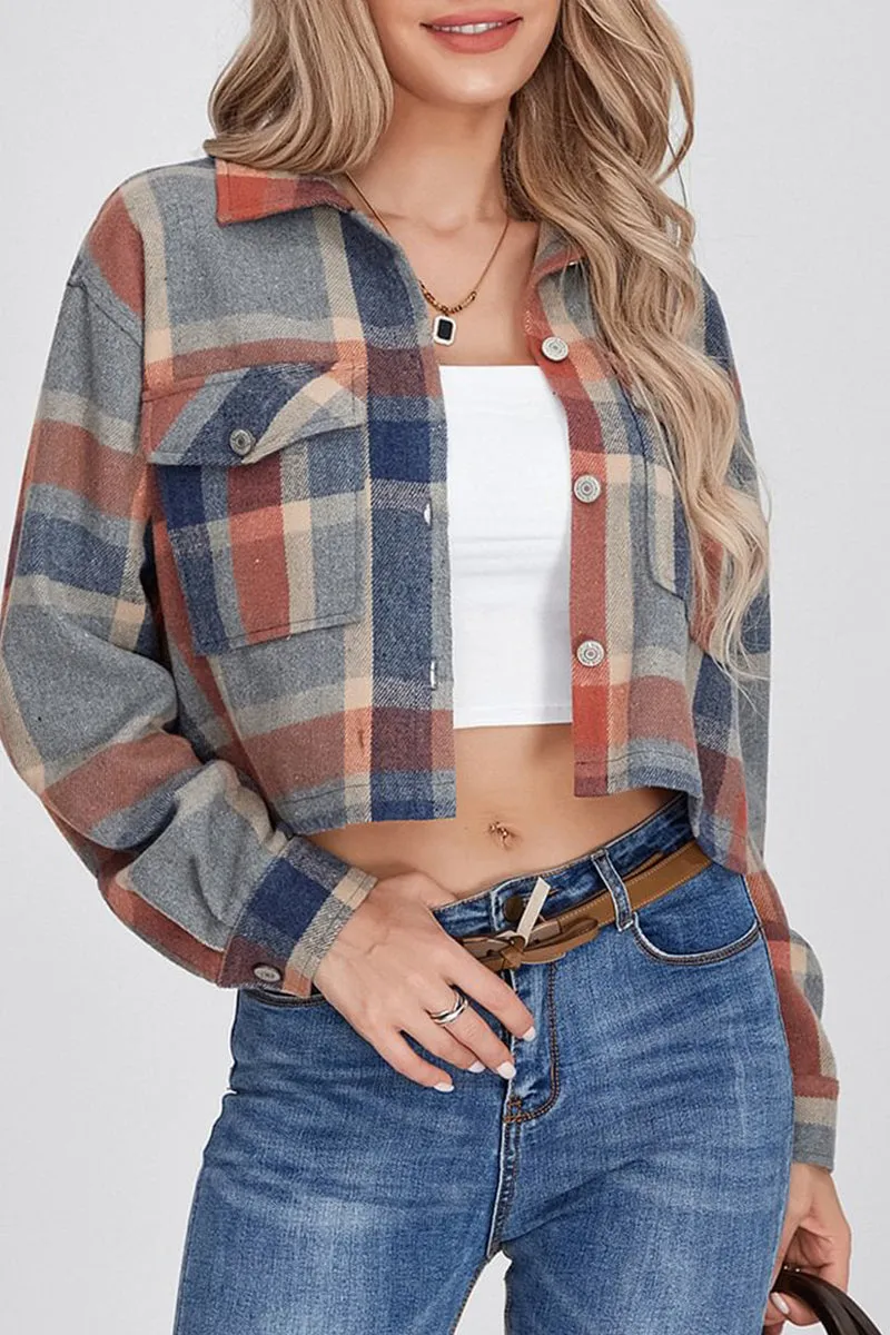 HCS1177 Cropped Plaid Button-Up Jacket Outerwear