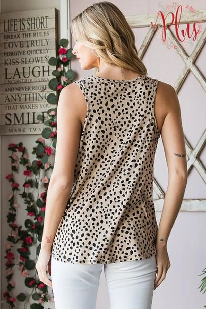 Heimish Full Size Front Button Animal Print Sleeveless Top plus Size