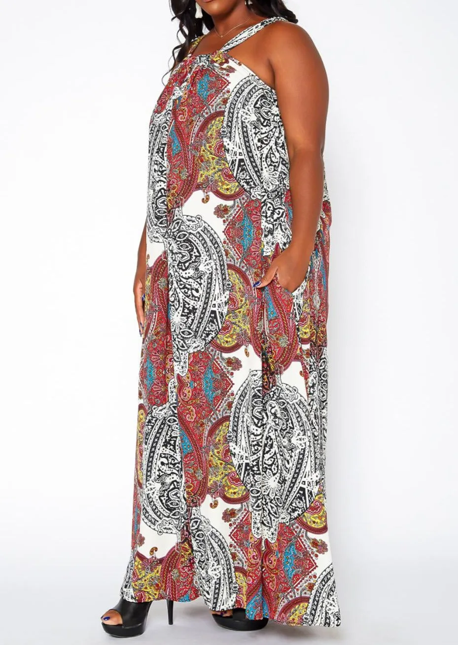 Hi Curvy Plus Size Women Paisley Print maxi Flare Dress with Pockets