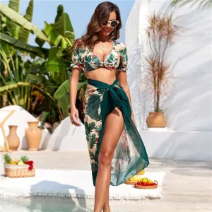 High Waist Bikini Set With Short Sleeve - 3 Pieces