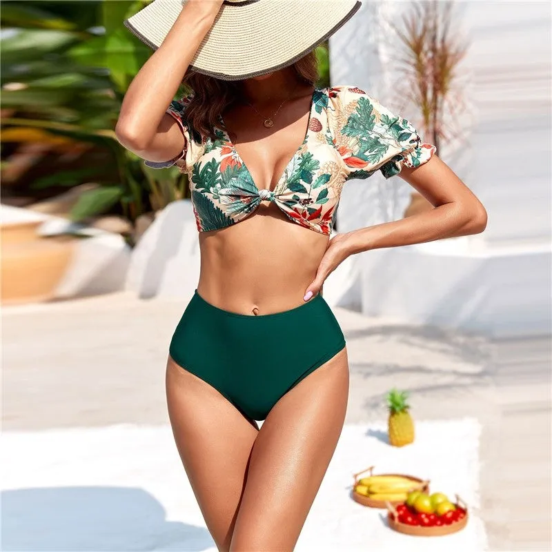 High Waist Bikini Set With Short Sleeve - 3 Pieces