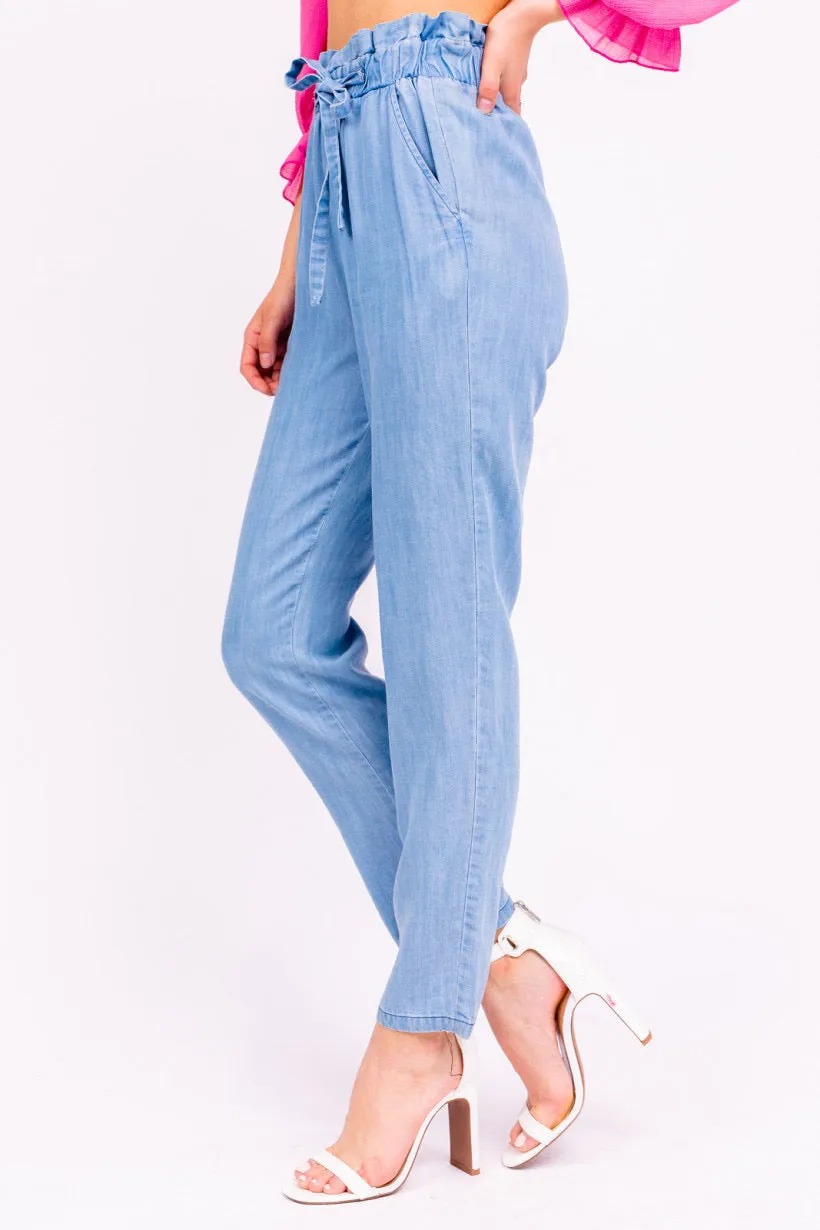High Waist Paper Bag Elastic Waistband Pants