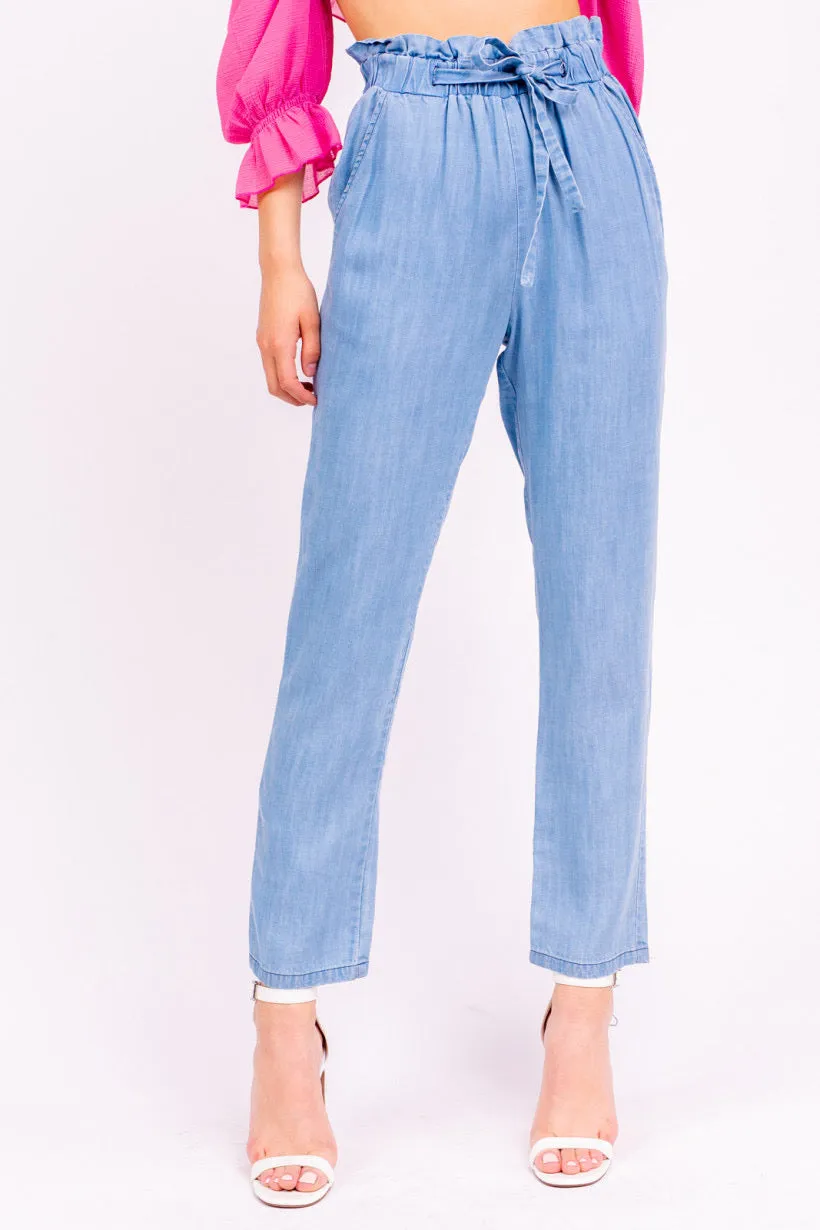 High Waist Paper Bag Elastic Waistband Pants