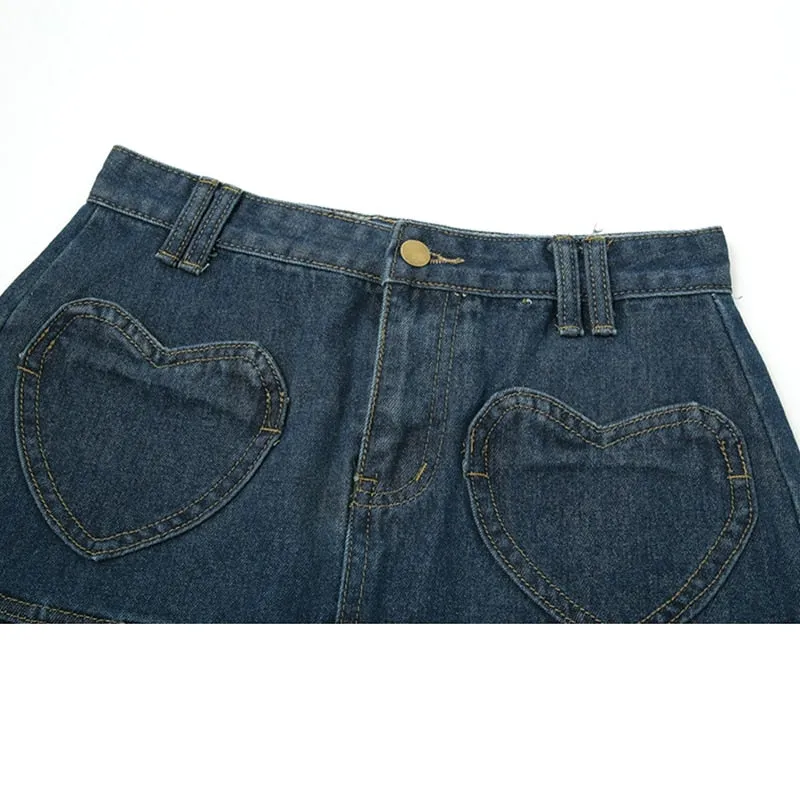 High Waist Y2k Pleated Denim Skirt Women Casual Blue Washed Mini Skirt