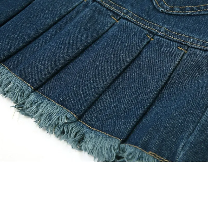 High Waist Y2k Pleated Denim Skirt Women Casual Blue Washed Mini Skirt