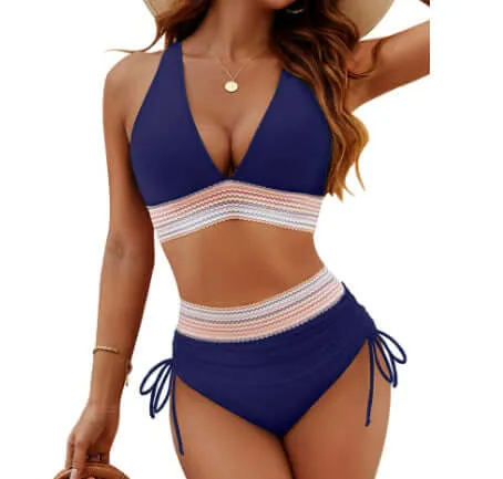 High Waisted Bikini Set With Color Blocking Drawstring Swimsuit