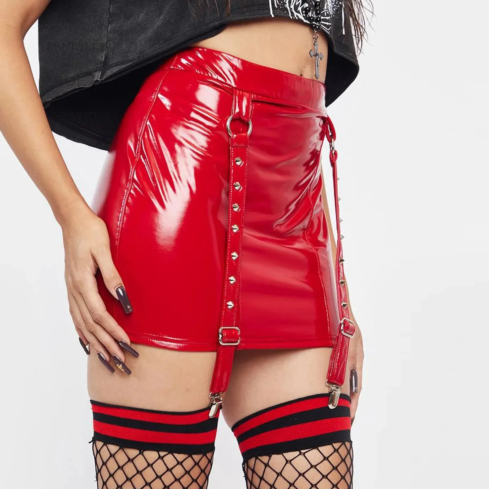 Hight Waist PU Leather Skirt With Garters