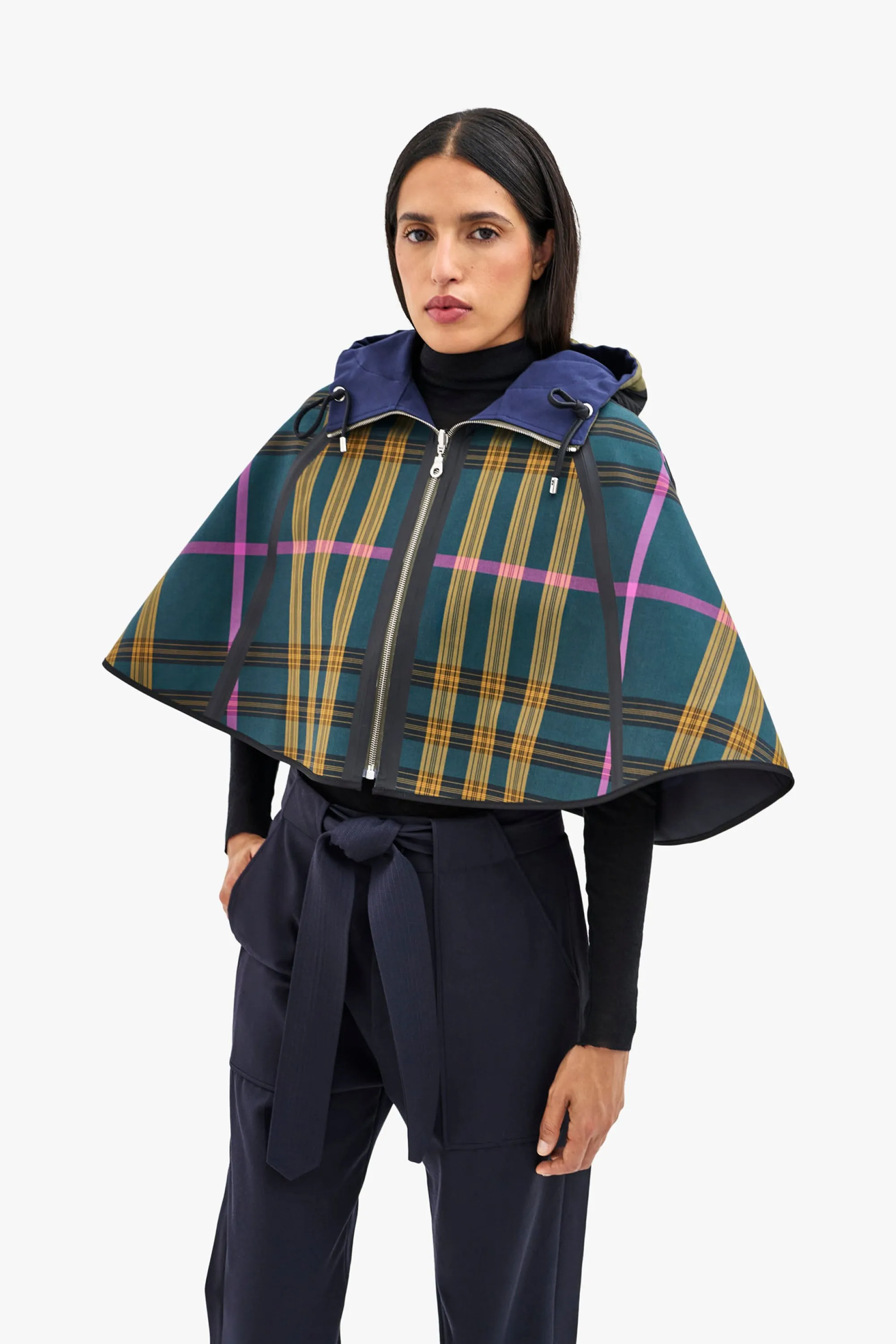 Hooded Rain Cape - Navy / Green Plaid